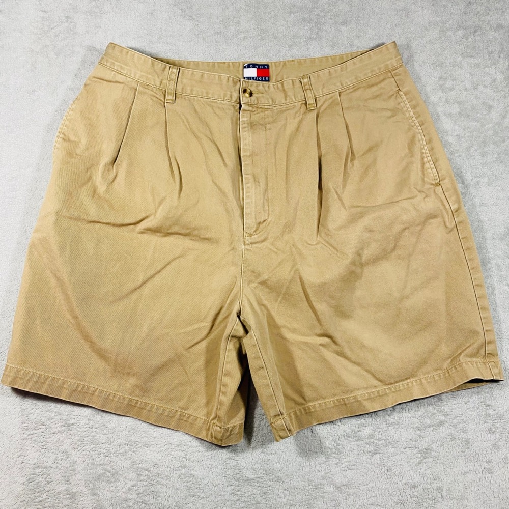 Tommy‎ Hilfiger Pleated Chino Shorts Mens 38 Tan Khaki Cotton Vintage 90s Flag